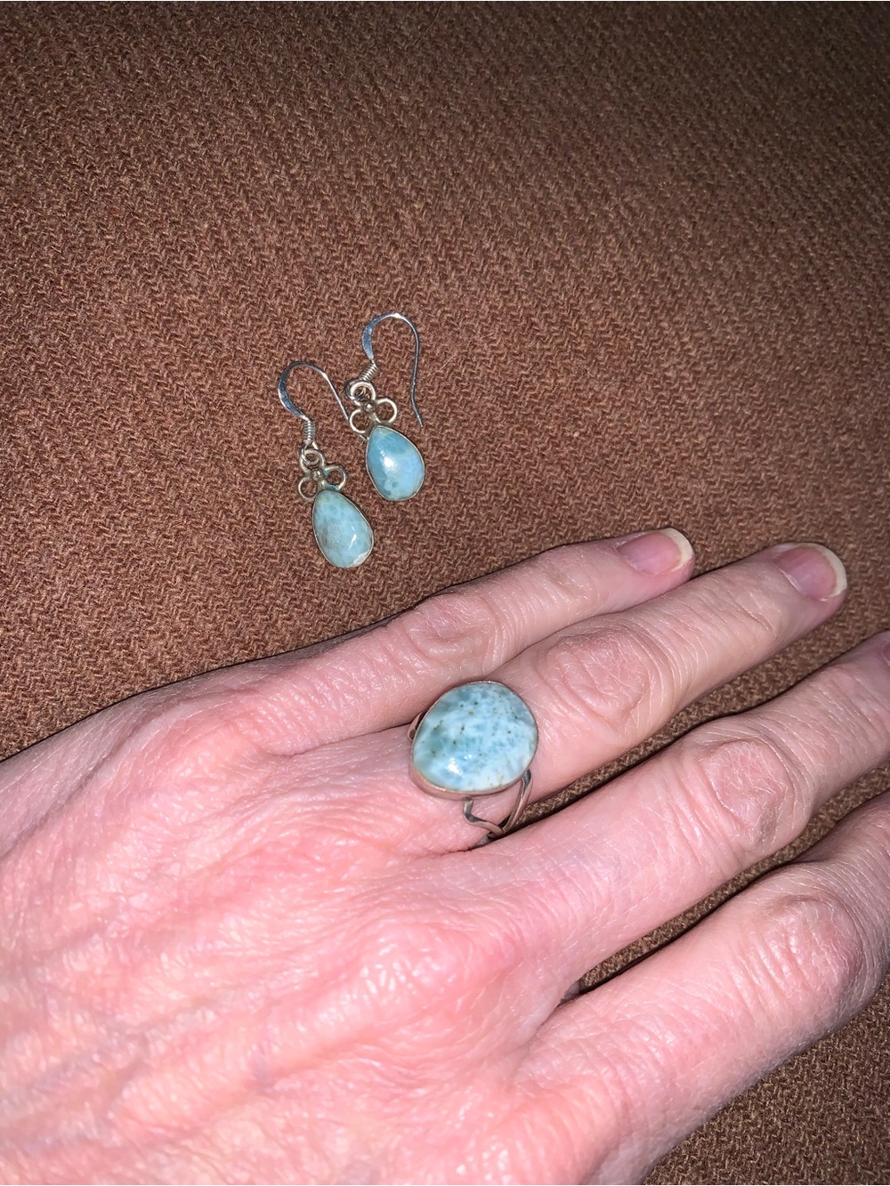 Sterling Silver Larimar-looking Teardrop Earrings and Oval Ring Set